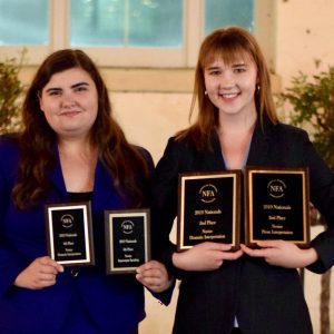 Misty Morin (left) and Sam Darwin take home awards in national speech tournament.