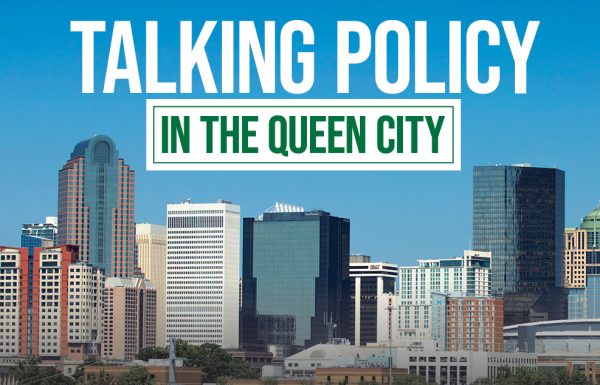 Talking policy in the Queen City with Charlotte cityscape