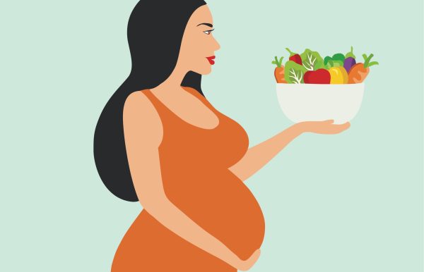 drawing of pregnant woman in orange dress with bowl of vegetables